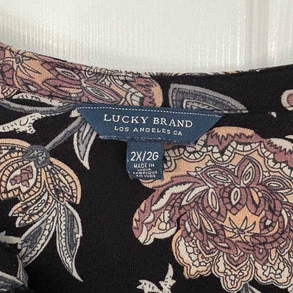 Lucky Brand 2X Boho Floral Border Print Peasant Tunic Top Black Pink - Picture 5 of 5